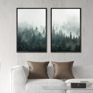 Framed Canvas Wall Art Set of 3 Green Misty Forest Mountain Landscape ...