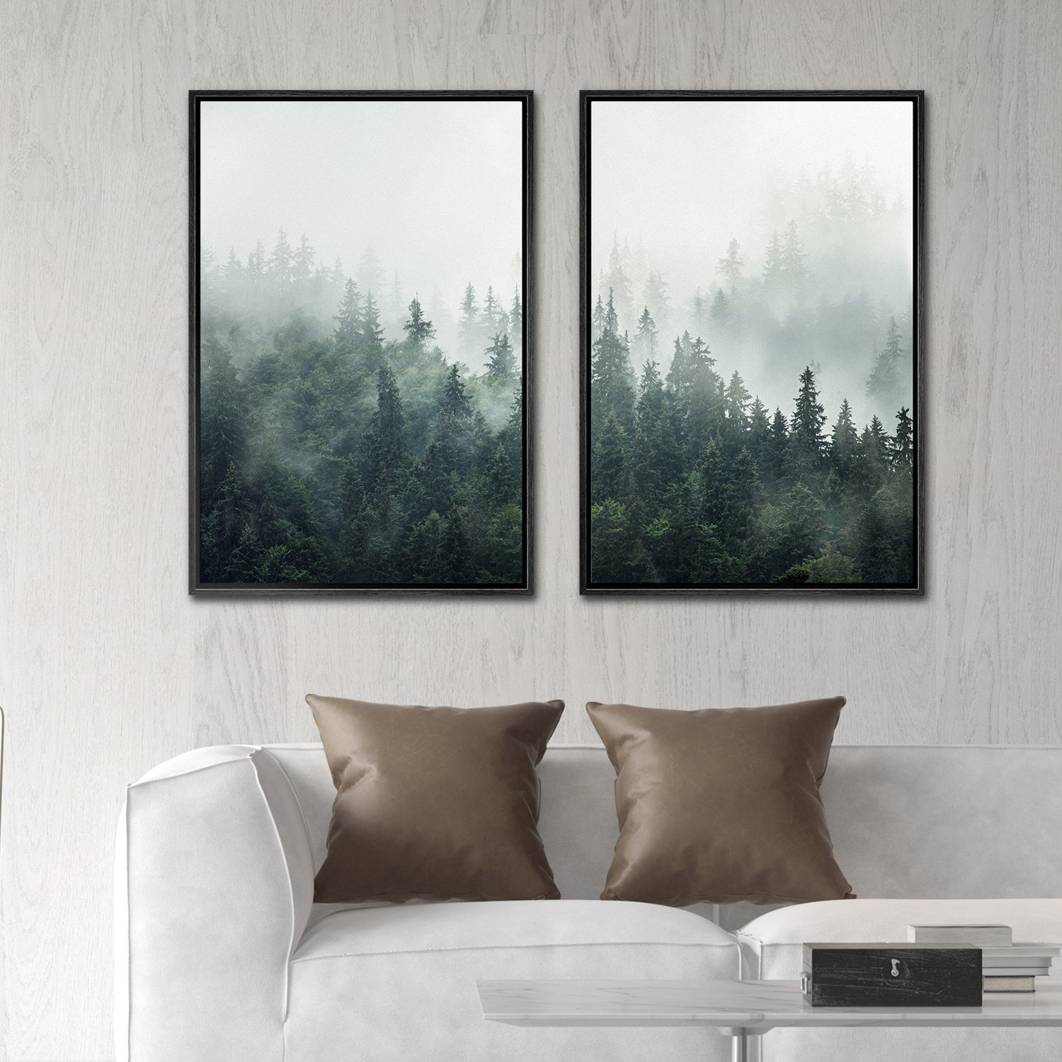 Framed Canvas Wall Art Set of 3 Green Misty Forest Mountain Landscape ...