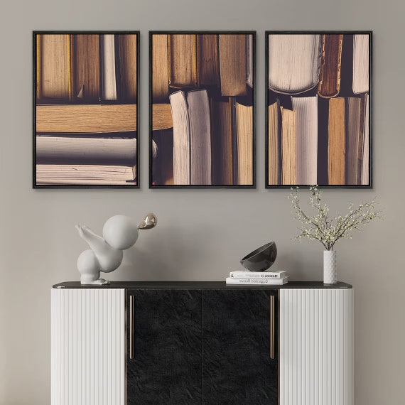 Framed Canvas Wall Art Set of 3 Stack of Old Books in the School