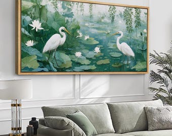 Large White Egrets in Lily Pond Framed Wall Art, Neutral Botanical Canvas Print, Modern Nature Decor for Living Room