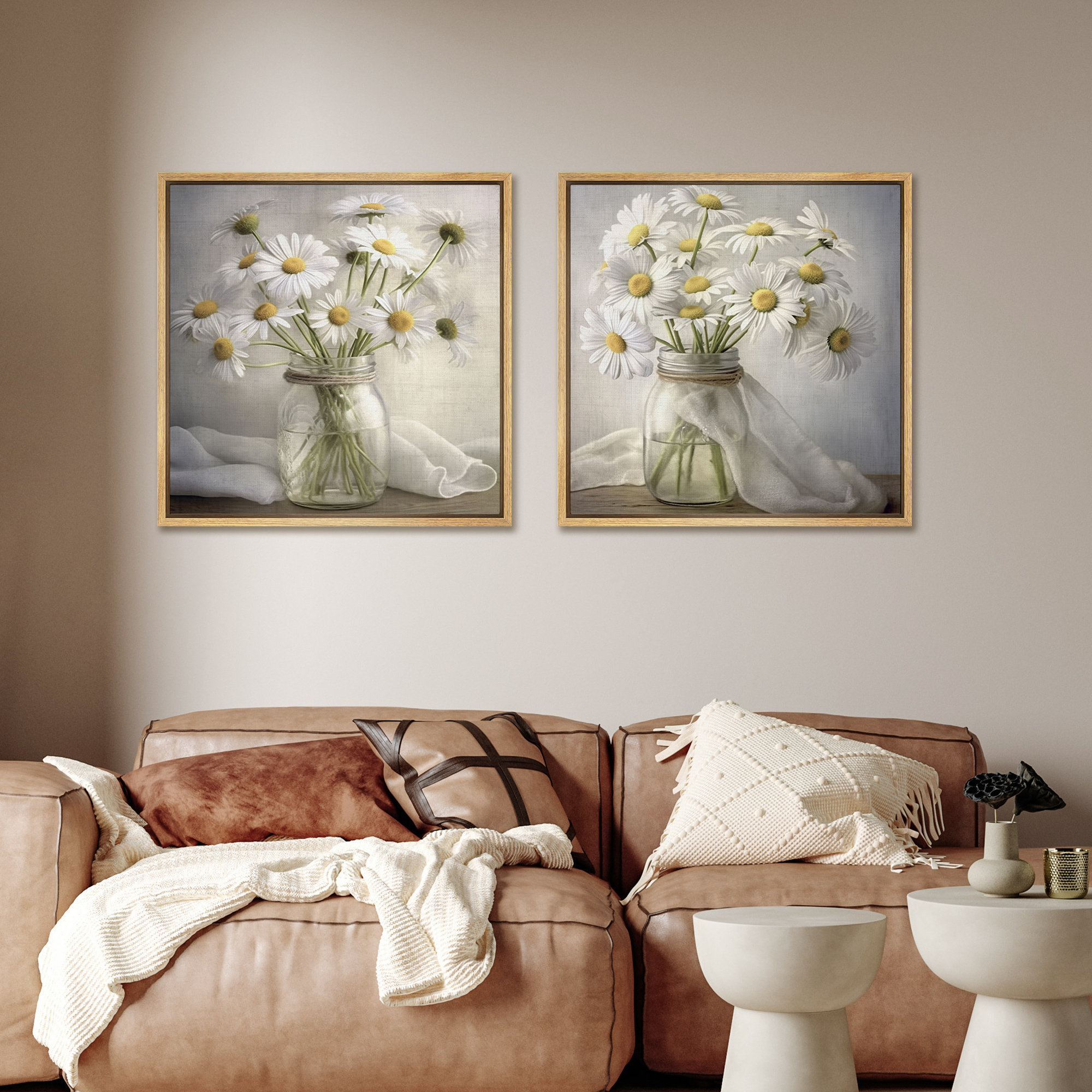 Framed Canvas Wall Art Set White Daisy Flowers Floral Botanical Prints ...