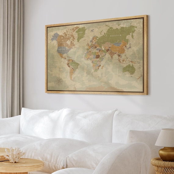 Framed Vintage World Map Wall Art, Retro Geography Map Canvas Print, Classic Travel Artwork for Study Office Library Decor