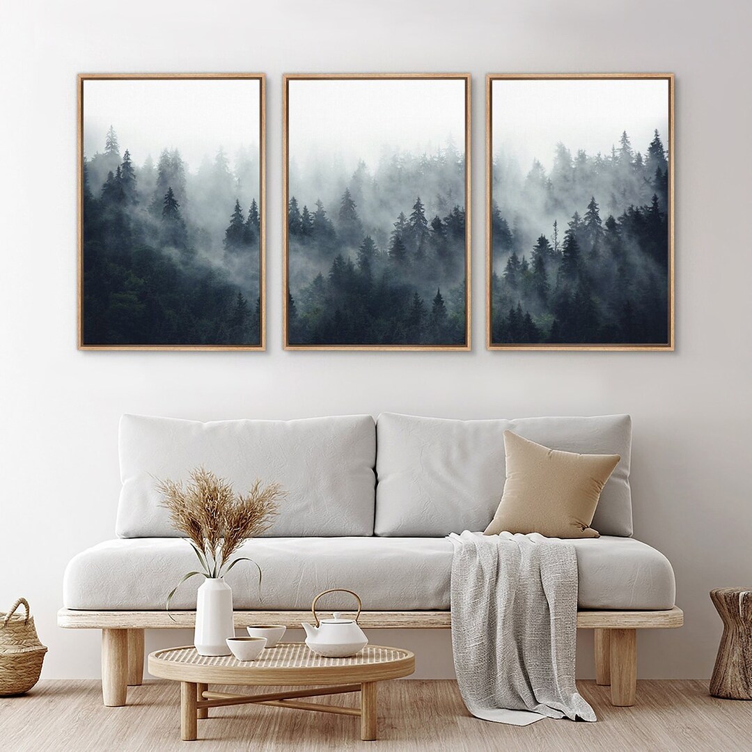 Framed Canvas Wall Art Set of 3 Misty Forest Mountain Landscape Print ...