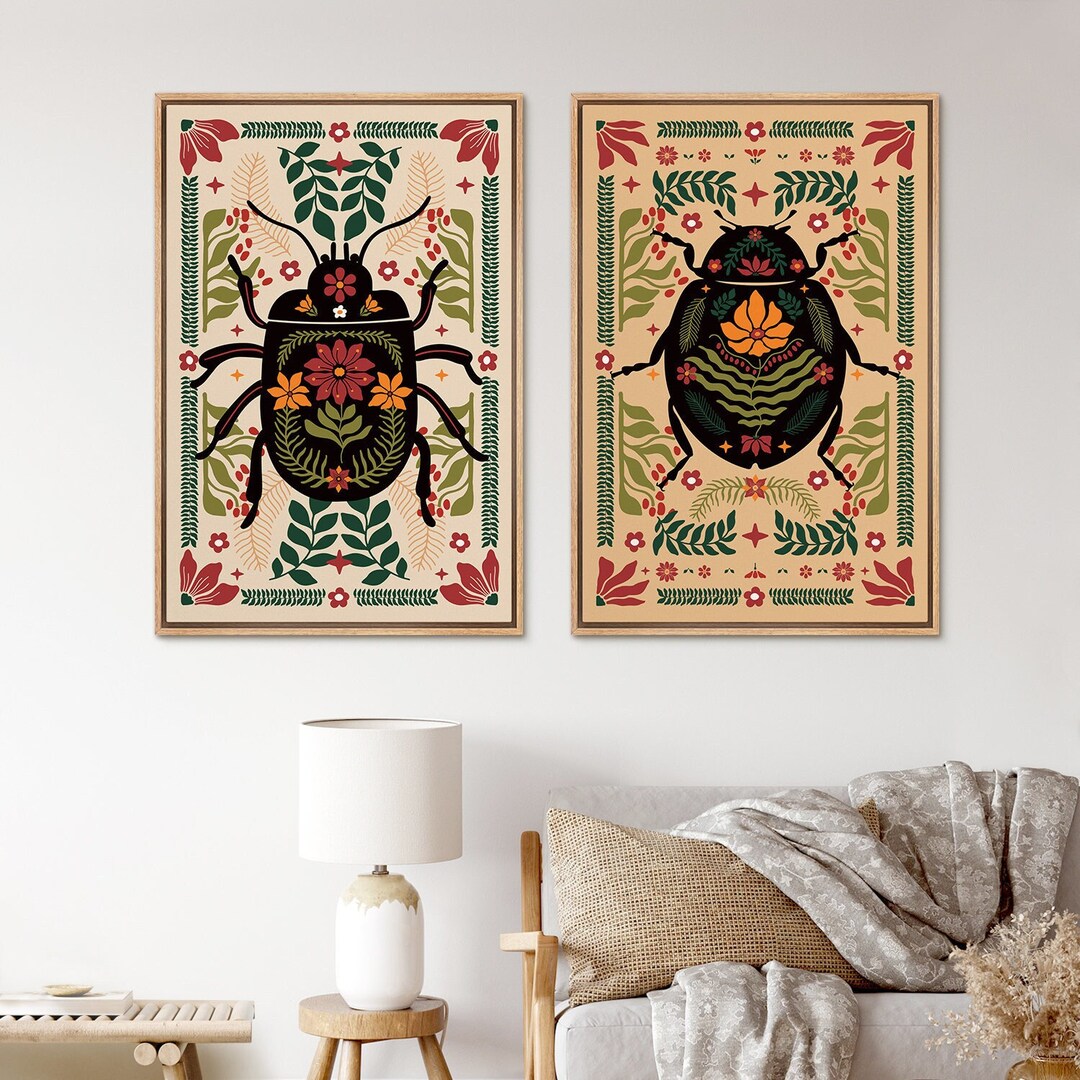 Framed Canvas Wall Art Prints Set of 2 Insect Beetle Wildflower ...