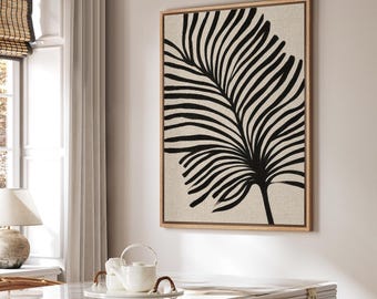 Abstract Palm Leaf Framed Wall Art, Black Line Art Botanical Canvas Print, Neutral Boho Living Room Decor