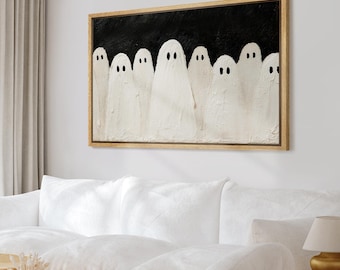Black White Ghost Framed Wall Art, Spooky Cute Halloween Canvas Print, Minimalist Living Room Decor