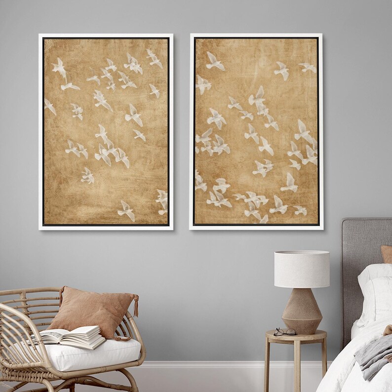 Framed Neutral Flying Birds Wall Art Set of 2, Minimalist Nature Canvas ...
