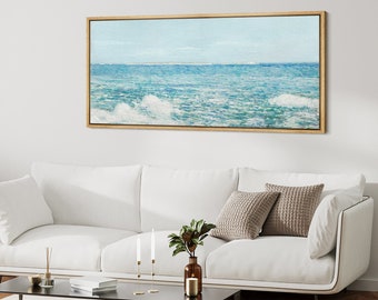 Framed Canvas Wall Art Print Coastal Beach Ocean Photography Blue Wall Art Decor Panoramic Large Wall Art Living Rroom