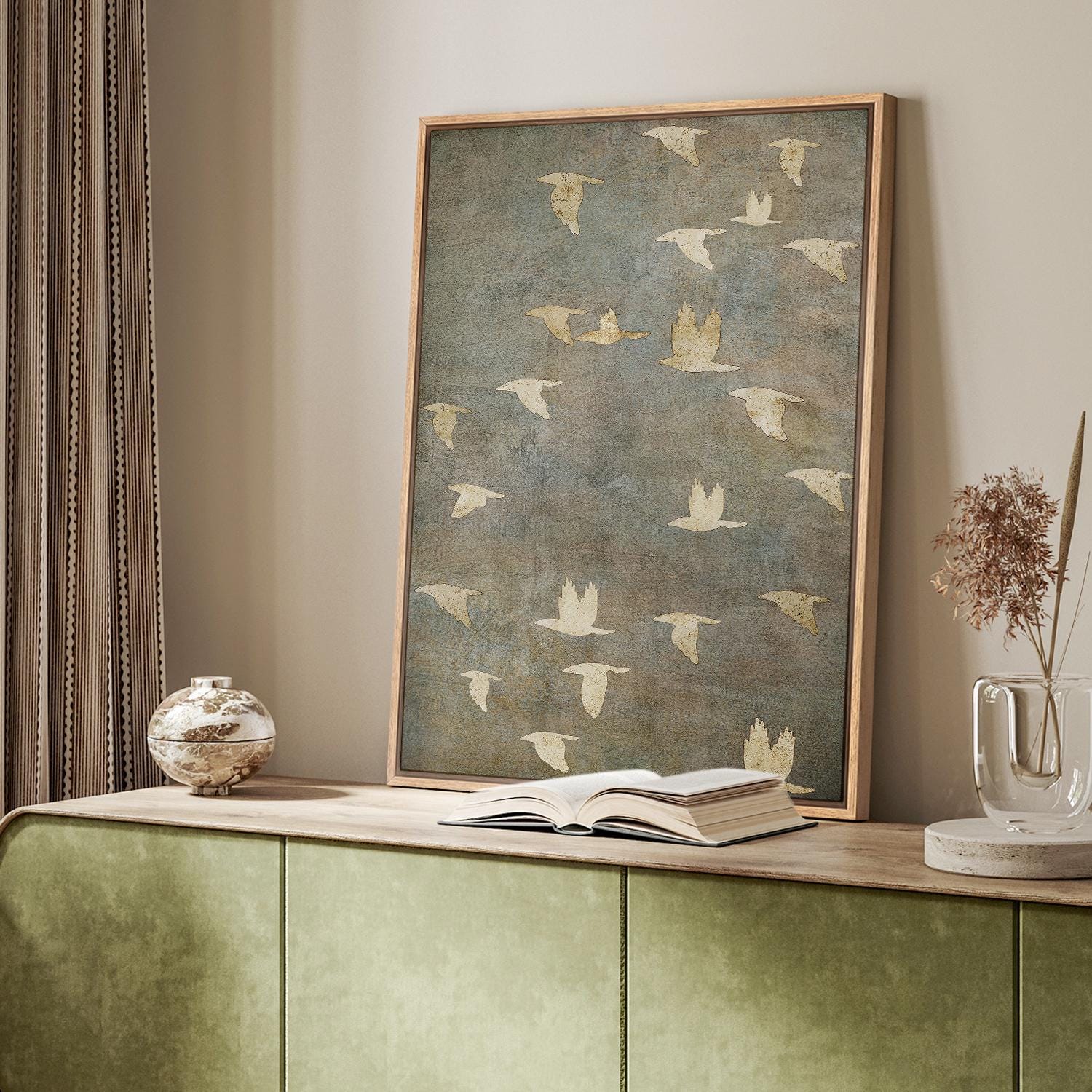 Framed Canvas Wall Art Prints Abstract Flying Flock of Birds in Neutral Tones Rustic Nature Wall Decor Minimalist Artwork Living Room Decor