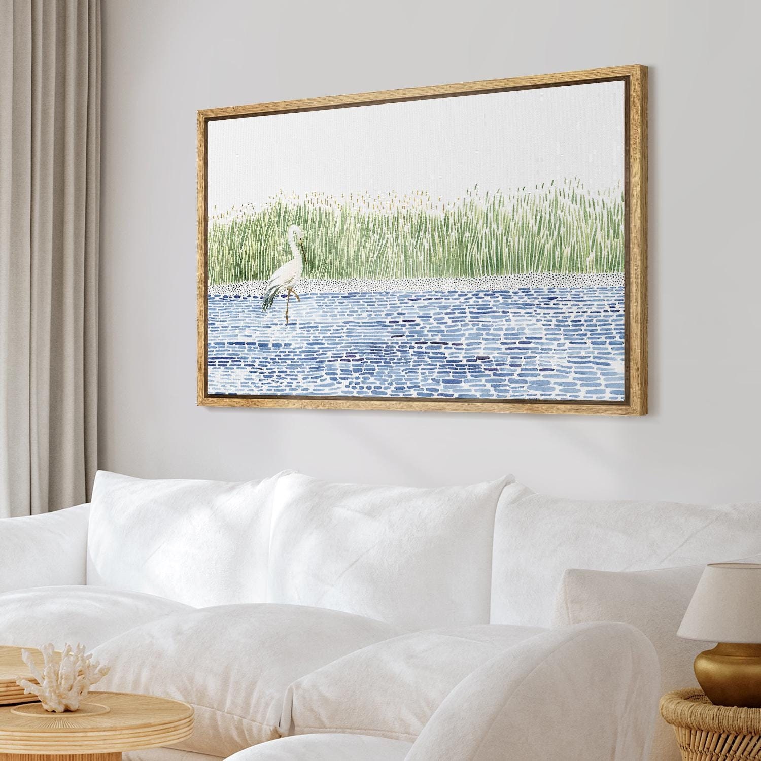 Minimalist Egret in Marsh Wall Art - Framed Watercolor Bird Canvas Print, Blue & Green Wetland Scene, Coastal Bathroom or Living Room Decor
