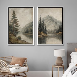 Mountain Lake Wall Art Set of 3 - Framed Pine Tree & River Canvas ...