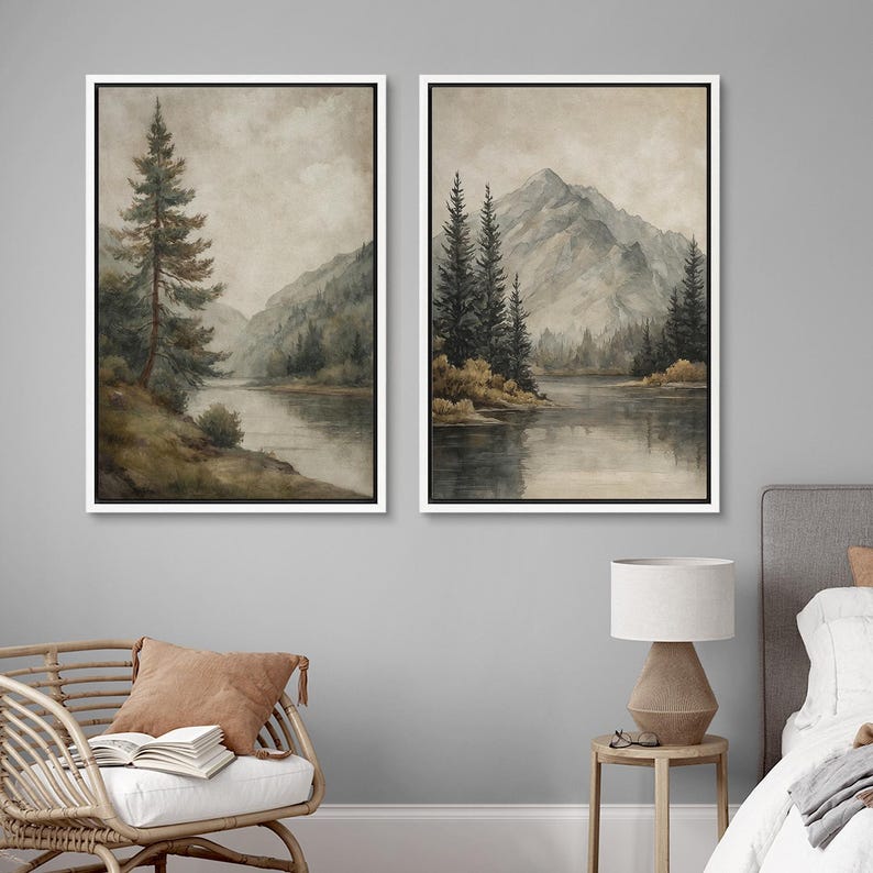 Mountain Lake Wall Art Set of 3 - Framed Pine Tree & River Canvas ...