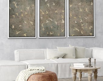 Framed Japandi Neutral Bird Wall Art Set, Vintage Muted Green