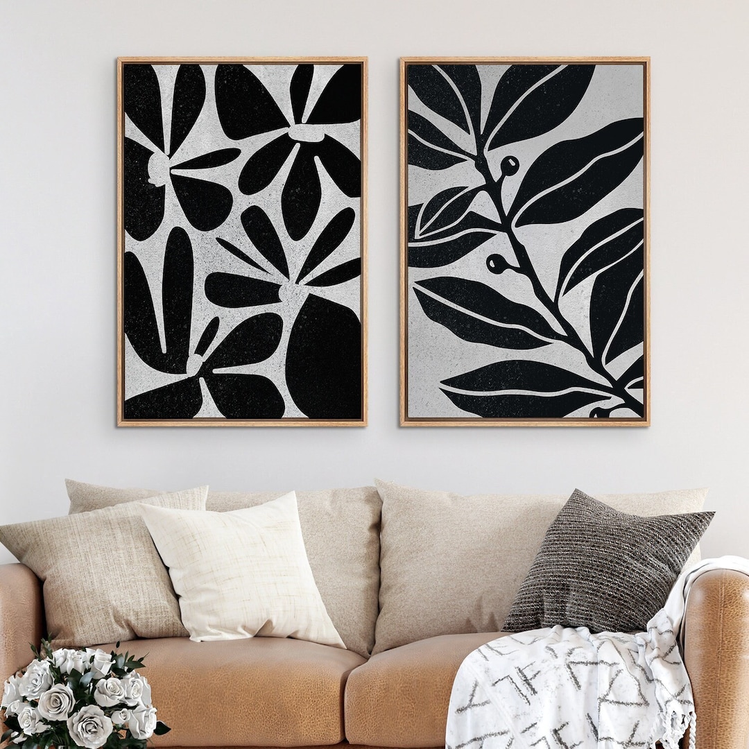 Framed Canvas Wall Art Set of 2 Black and White Abstract Floral ...