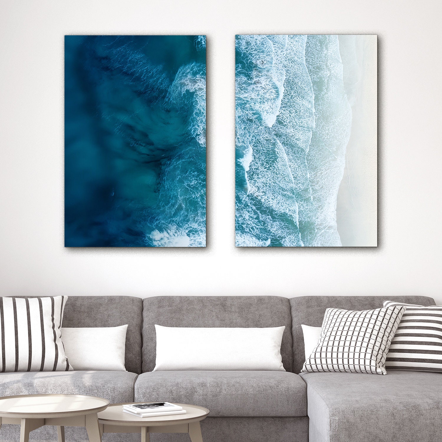 Framed Canvas Wall Art Set of 2 Navy Blue Beach Ocean Wave