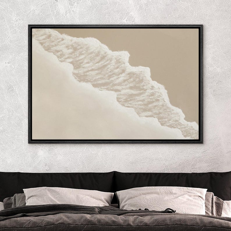 Minimalist Wave Wall Art - Framed Beige & White Abstract Coastal Canvas ...
