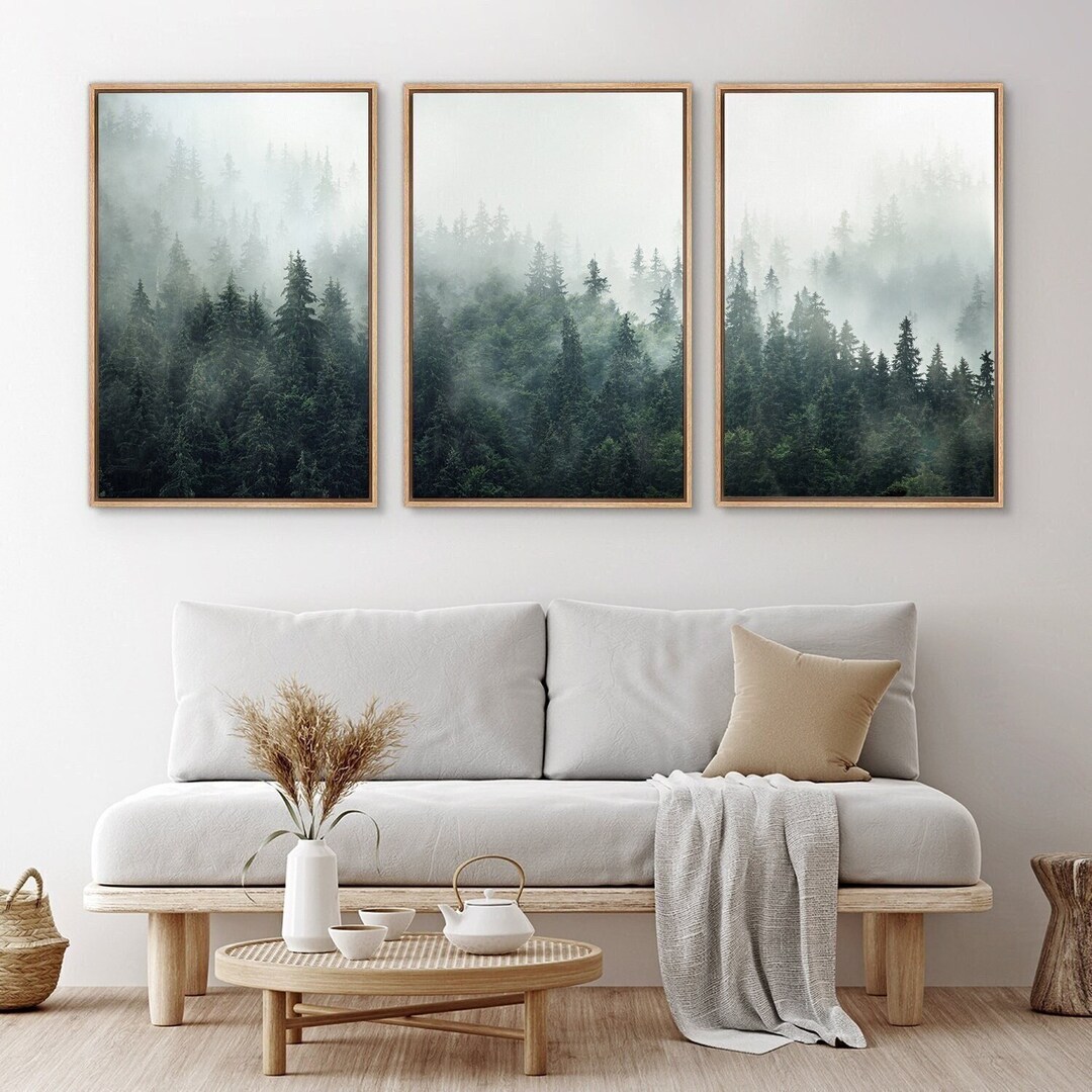Framed Canvas Wall Art Set of 3 Green Misty Forest Mountain Landscape ...
