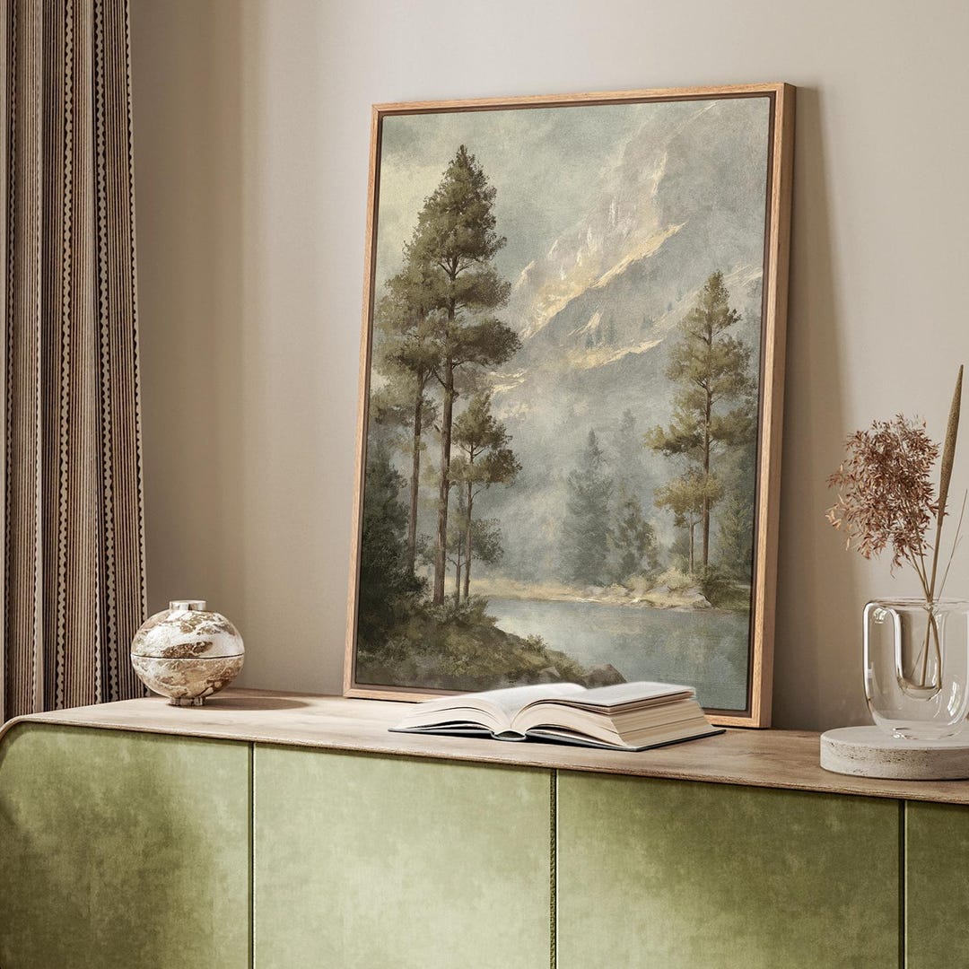 Mountain Lake Forest Wall Art - Framed Misty Landscape Canvas Print ...