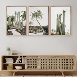 Framed Canvas Wall Art Set of 3 Green Cactus Desert Landscape ...