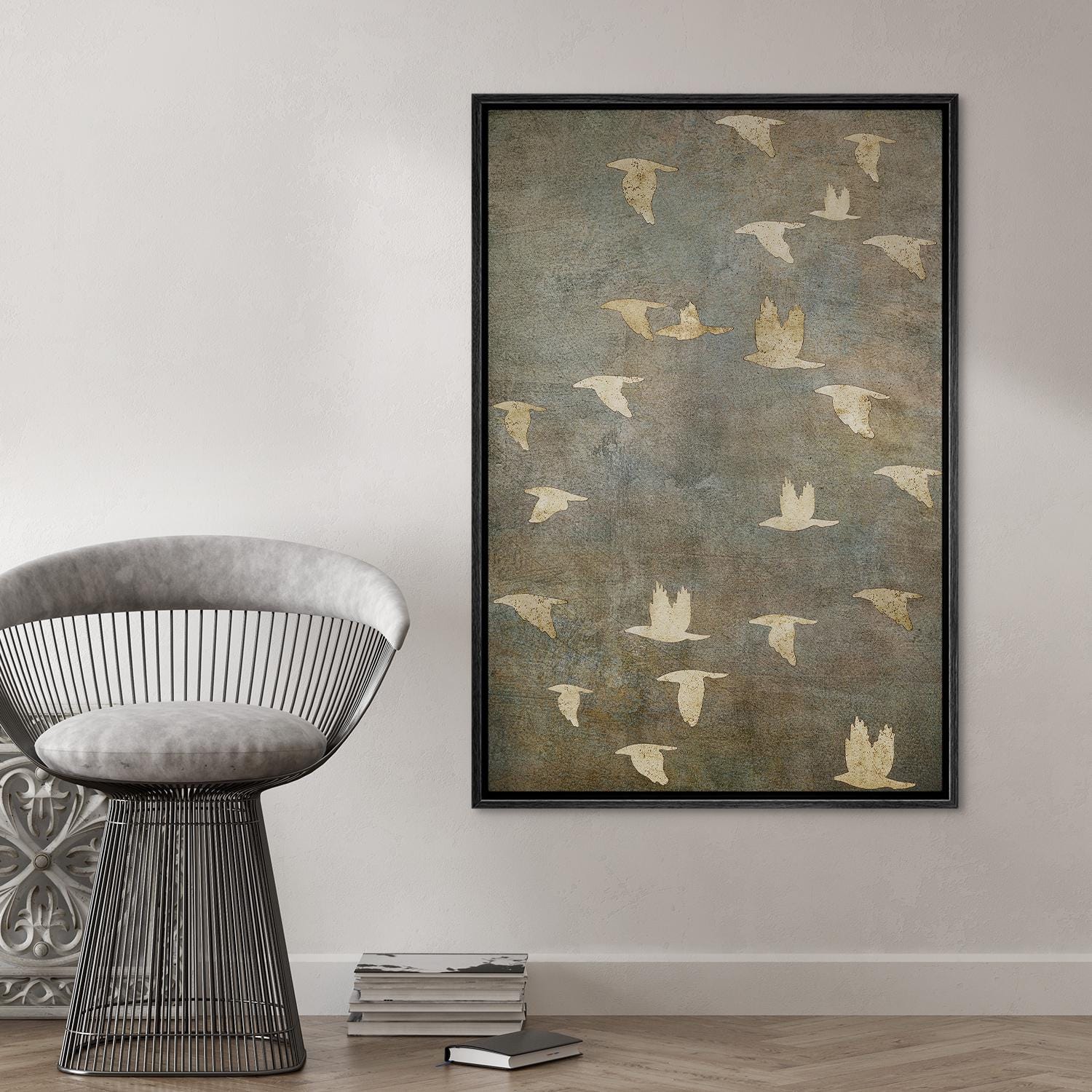 Framed Canvas Wall Art Prints Abstract Flying Flock of Birds in Neutral Tones Rustic Nature Wall Decor Minimalist Artwork Living Room Decor