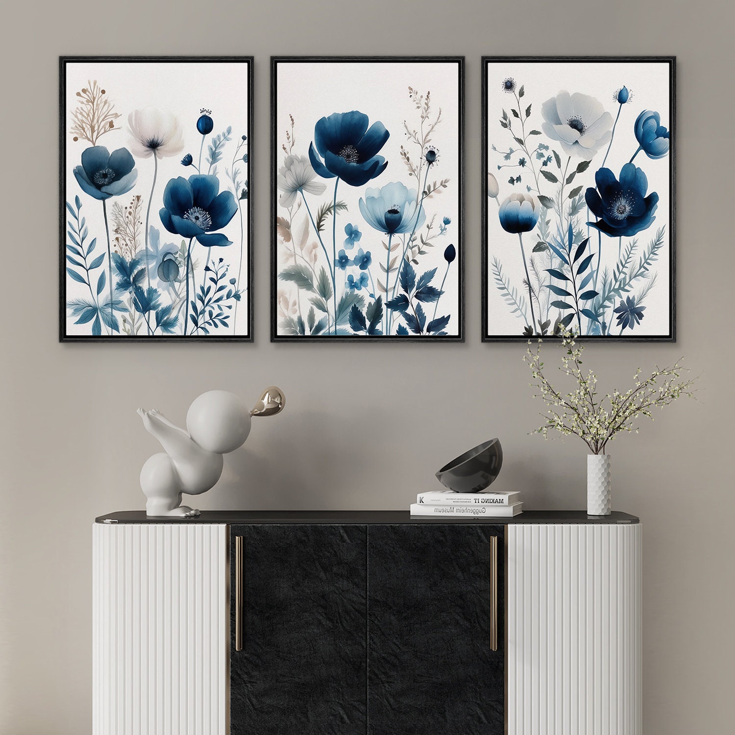 Framed Canvas Wall Art Prints Set of 3 Navy Blue Wildflowers 