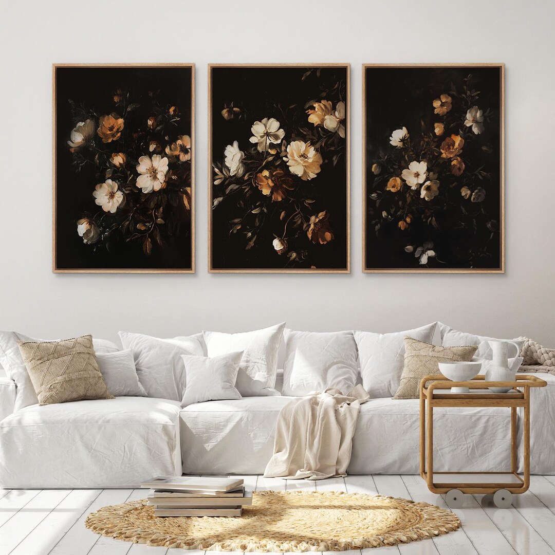 Framed Canvas Vintage Floral Wall Art Set of 3 Dark Botanical Print ...