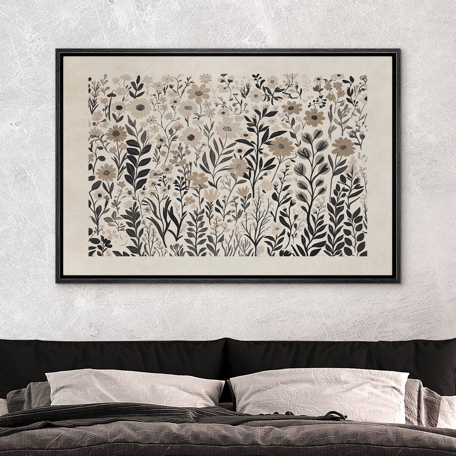 Neutral Wildflower Wall Art - Framed Botanical Canvas Print, Beige ...