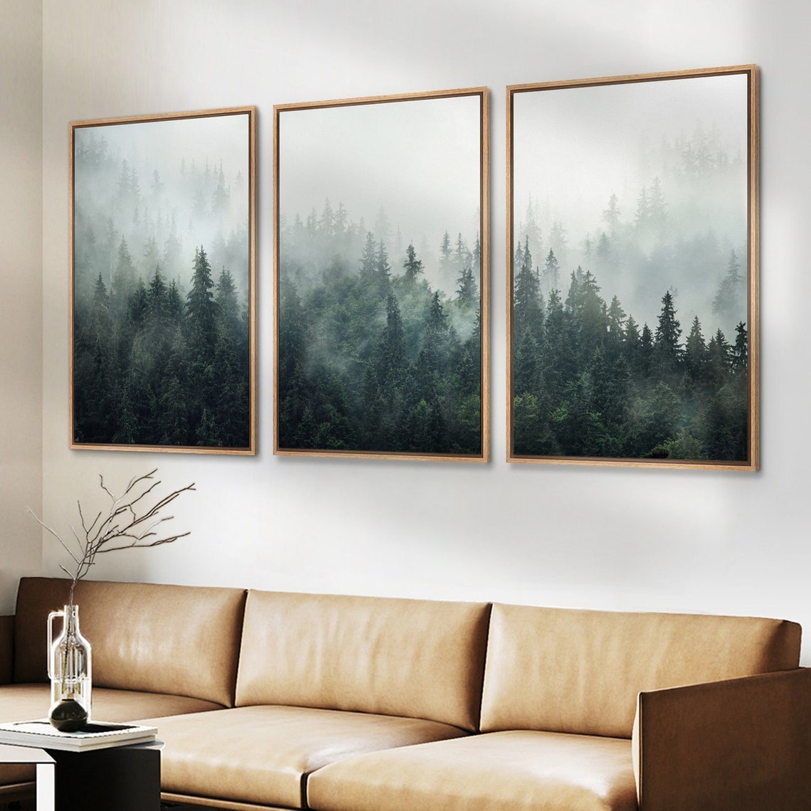 Framed Canvas Wall Art Set of 3 Green Misty Forest Mountain Landscape ...