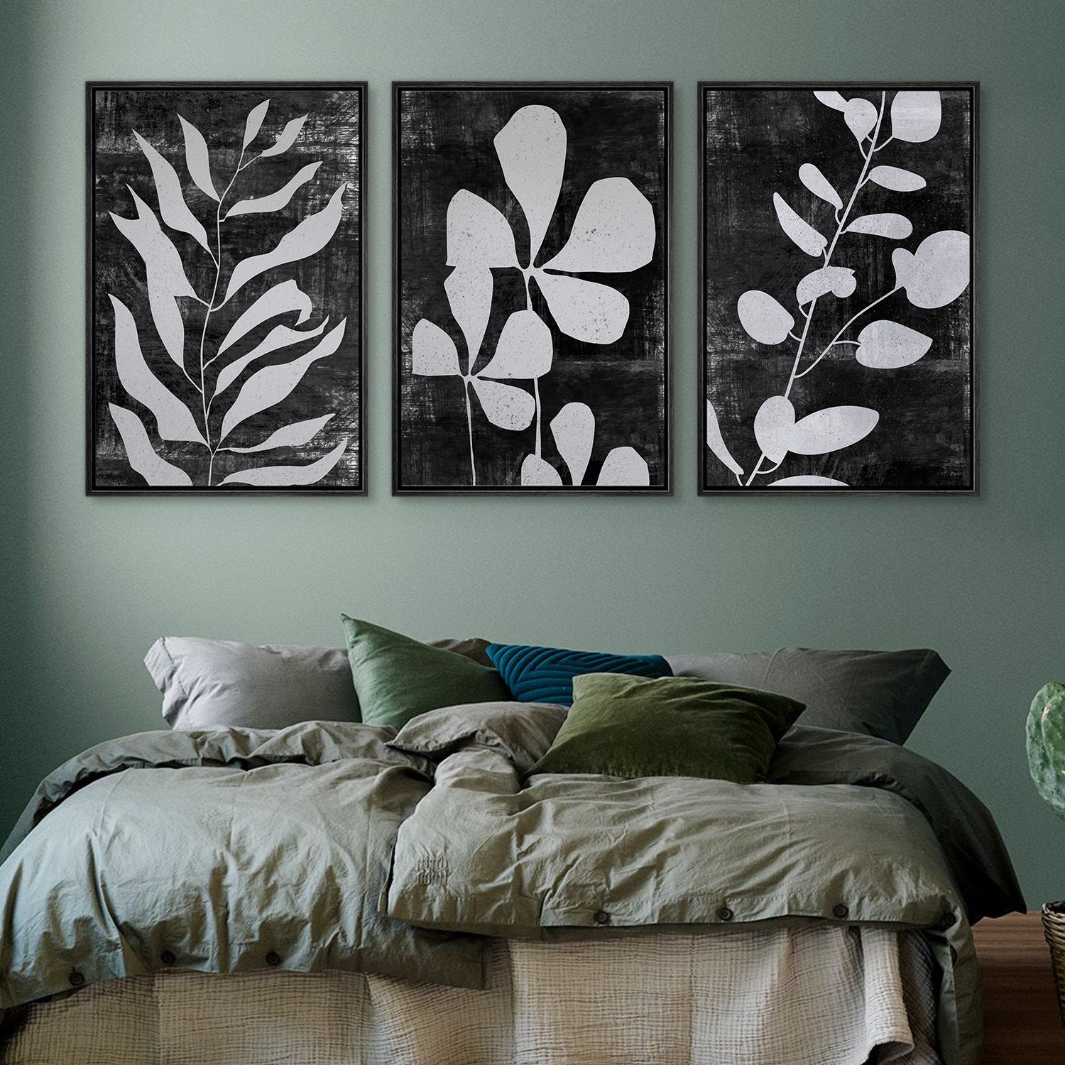 Framed Canvas Wall Art Set of 3 Black and White Abstract Leaf Botanical ...