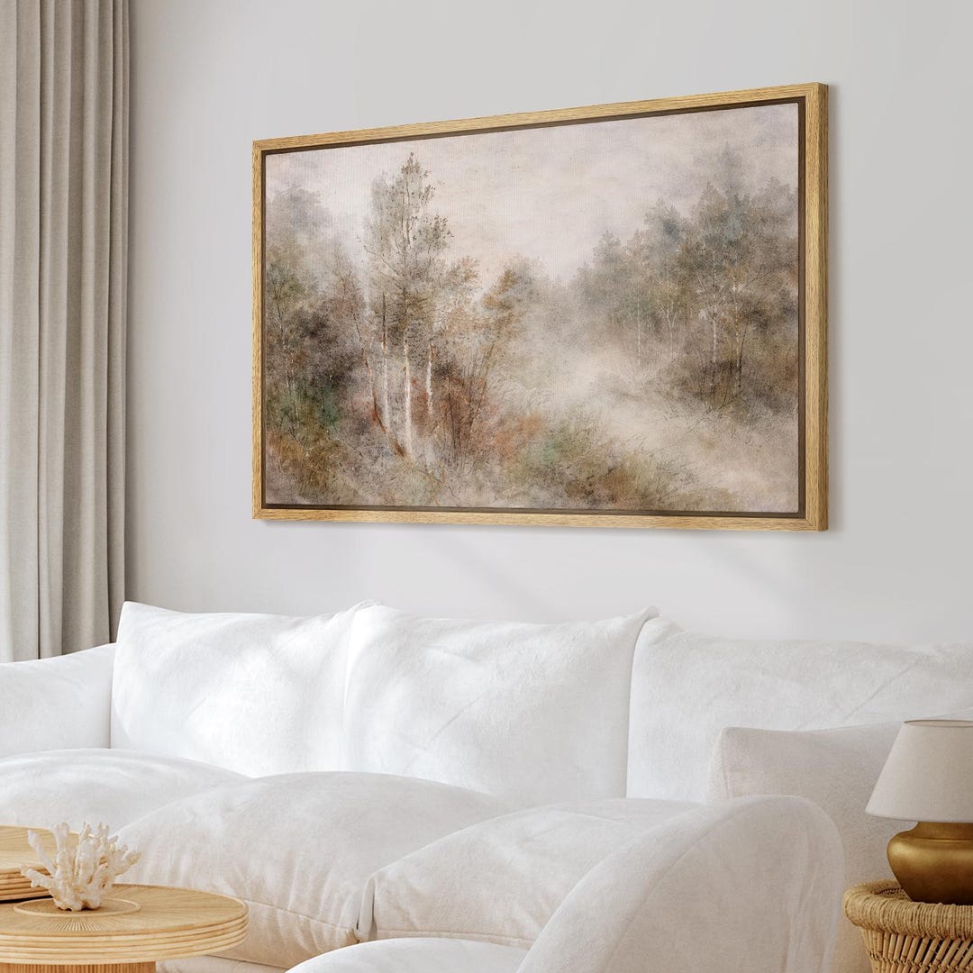 Framed Misty Forest Wall Art, Moody Woodland Landscape Canvas Print ...