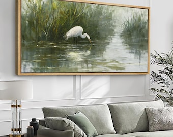 Large White Egret in Wetland Framed Wall Art, Neutral Marsh Canvas Print, Modern Nature Decor for Living Room