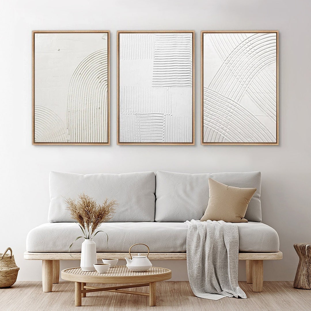 Framed Canvas Wall Art Set of 3 White Abstract Prints Neutral Textured ...