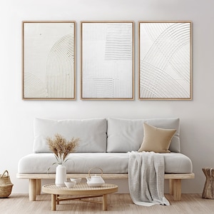 Framed Canvas Wall Art Set of 3 White Abstract Prints Geometic Painting Modern Minimalist Wall Art Neutral Decor for Bedroom