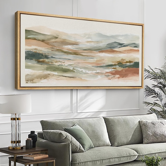 Abstract Mountain Wall Art - Large Framed Watercolor Landscape Canvas Print, Neutral Green & Terracotta Nature Decor for Living Room Bedroom