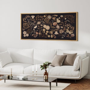 Large Wall Art, Dark Black Moody Floral Botanical Art Prints, Panoramic Wall Art, Horizontal Wall Art, Boho Wall Decor