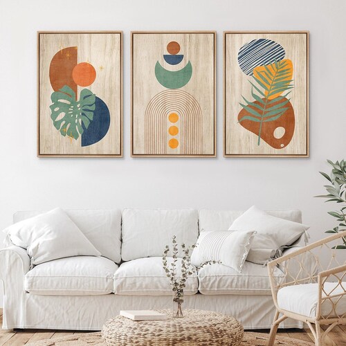 Framed Canvas Wall Art Set of 3 Abstract Polygon Tropical Leaves Illustrations Prints Mid Century Modern Wall Art Boho Wall Decor