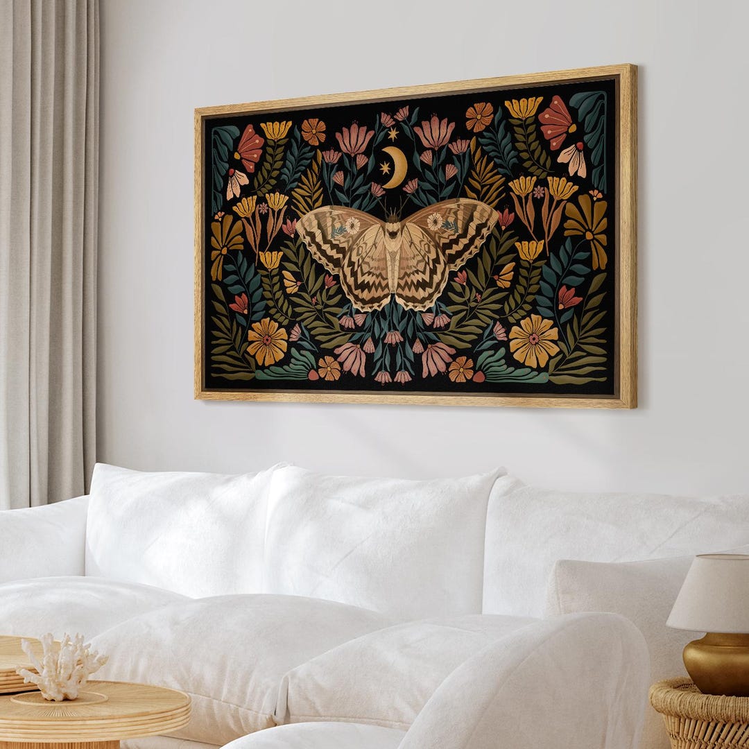 Framed Canvas Mystical Moth and Moon Wall Art Boho Floral Butterfly ...