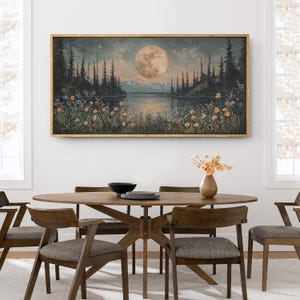 Framed Canvas Large Wall Art Print Full Moon Pine Tree Forest Mountain Art Printed Vintage Rustic Nature Wall Art Farmhouse Wall Decor