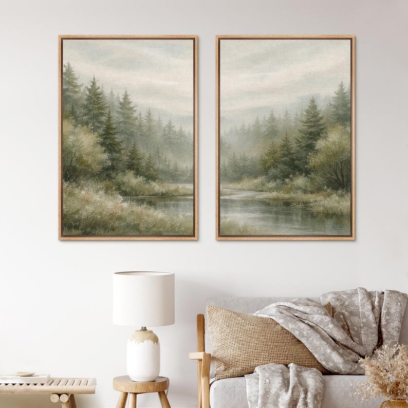 Framed Misty Forest River Wall Art Set of 2, Neutral Woodland Landscape ...