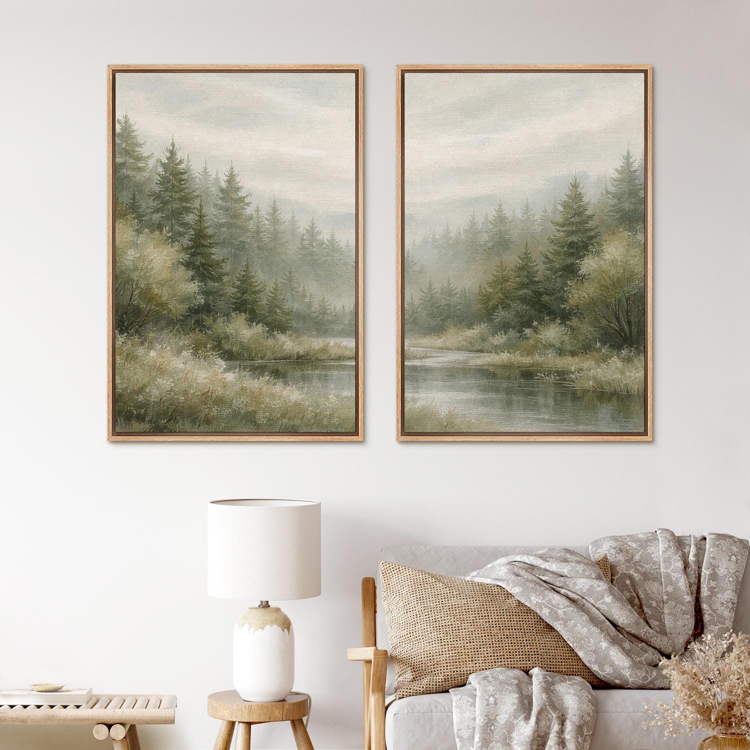 Framed Misty Forest River Wall Art Set of 2, Neutral Woodland Landscape ...