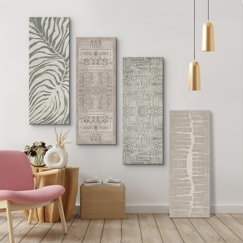 Canvas Wall Art Set of 4 Green Beige Abstract Geometric Illustration Prints Mid Century Modern Wall Art Boho Wall Decor