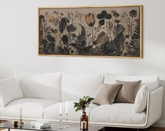 Large Sepia Neutral Wildflower Framed Wall Art, Vintage Pressed Botanical‑Inspired Canvas Print, Earth Tone Moody Living Room Decor