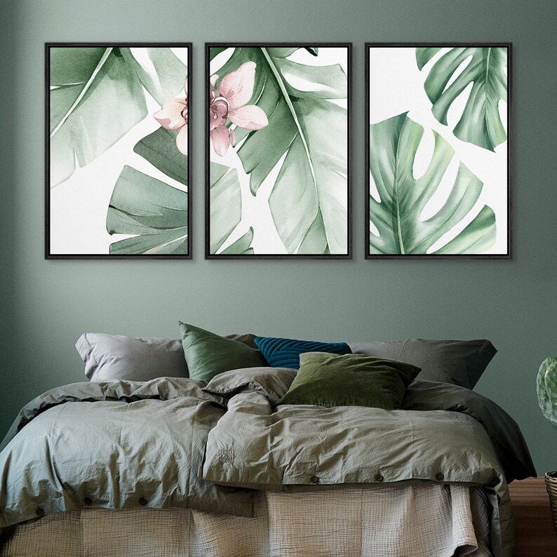 Monstera Leaf Art Set of 3 - Framed Watercolor Botanical Canvas, Sage ...