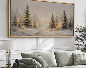 Large Glowing Snowy Pine Forest Framed Wall Art, Misty Winter Evergreen Canvas Print, Farmhouse Christmas Decor