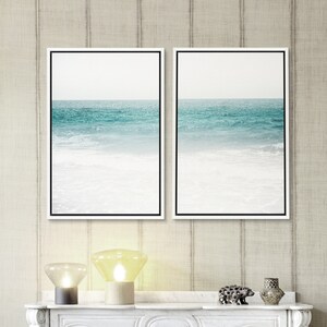 Framed Canvas Wall Art Set of 2 Blue Beach Ocean Photography Prints ...