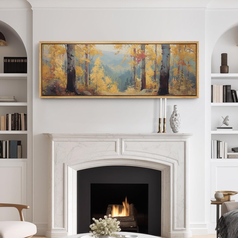 Golden Birch Tree Wall Art, Large Framed Autumn Forest Landscape Canvas ...