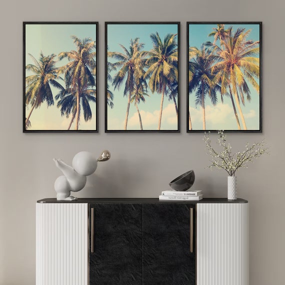 Framed Canvas Wall Art Set of 3 Tropical Green Palm Tree Leaves