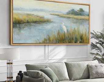 Large Framed Heron Lake Wall Art, Coastal Wetland Landscape Canvas Print, Calm Nature Bird Decor for Living Room