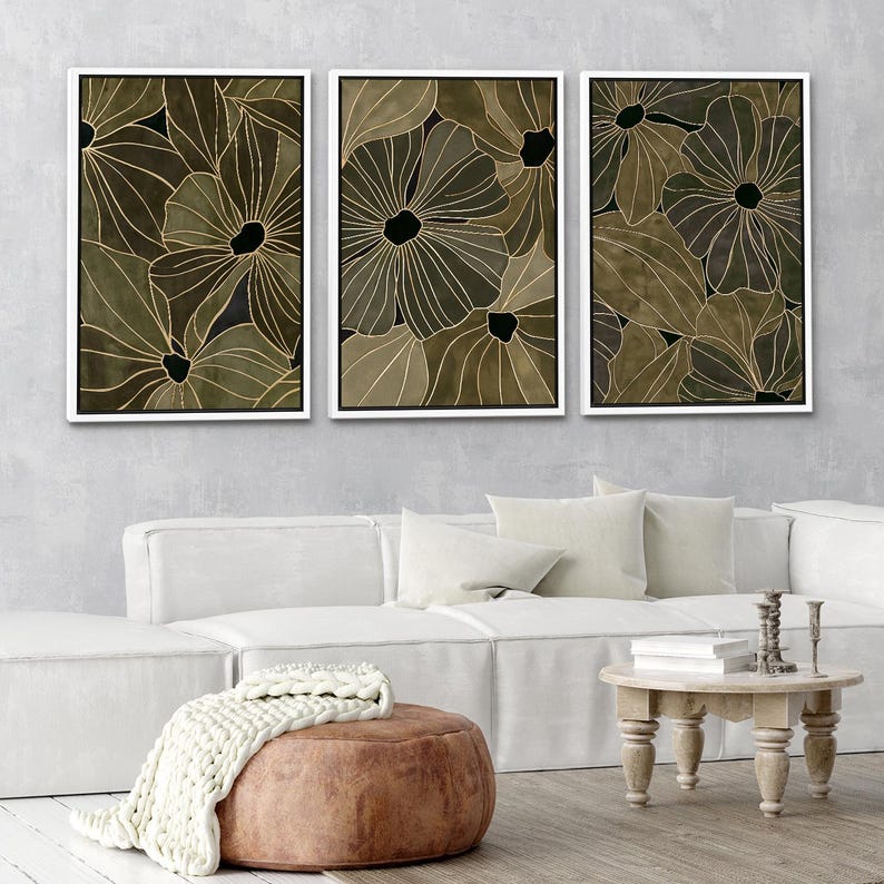 Gold Line Abstract Botanical Framed Wall Art Set of 3, Black Green ...