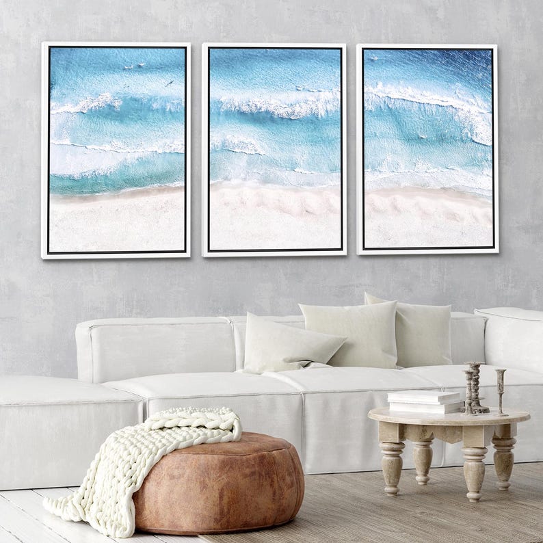 Beach Wall Art Set of 3 - Framed Ocean Wave Photography, Blue Coastal ...